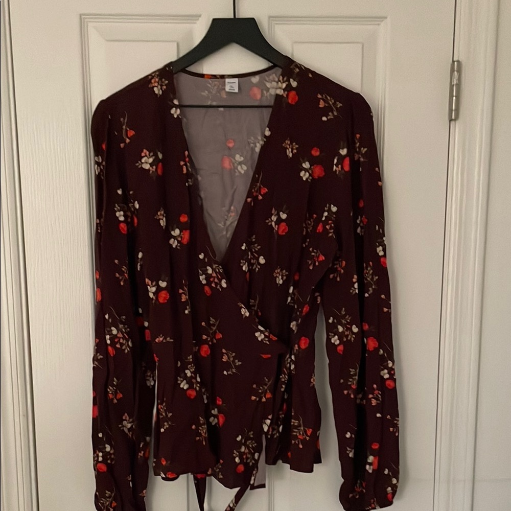 Floral Wrap Top - Burgundy with Red Accents